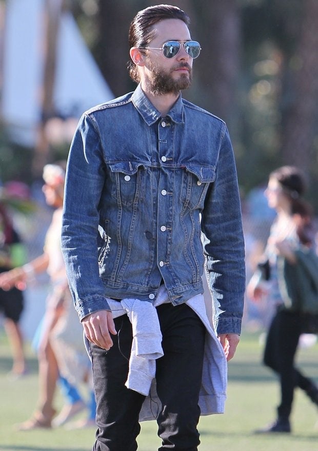 Actor/singer Jared Leto wears a denim jacket at the 2012 Coachella Valley Music and Arts Festival