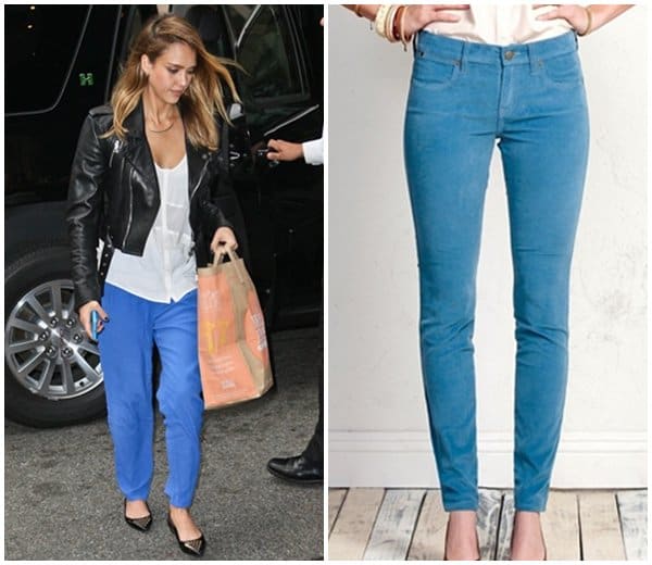 Jessica Alba's Playful Elegance: Striking a Pose in Vibrant Blue Trousers