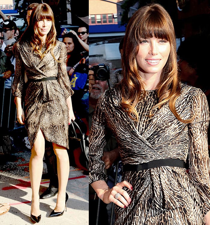 Jessica Biel stuns in a chic animal-print wrap dress paired with black pointed-toe heels outside the Comedy Central Studio