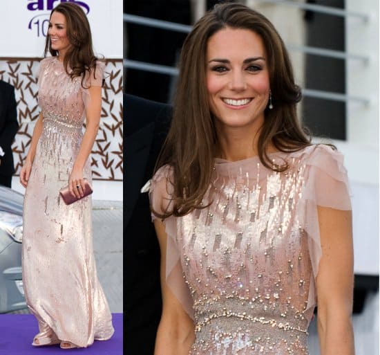 Catherine, Duchess of Cambridge (aka Kate Middleton) wears a dress by British designer Jenny Packham as she attends the 10th Annual ARK (Absolute Return for Kids) Gala Dinner at Kensington Palace in London, England on June 9, 2012