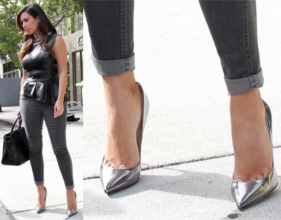 Kim Kardashian shows how to wear jeans with Jimmy Choo Anouk metallic leather pumps