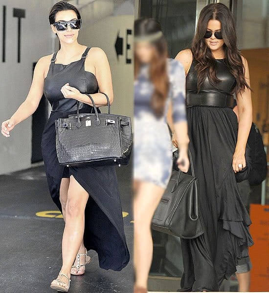 Kim and Khloé Kardashian showcase their style in LBLDs, Kim in Beverly Hills and Khloe in Miami, flaunting leather bodices and flowing skirts