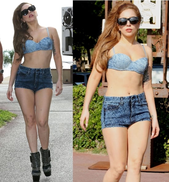 Lady Gaga in high-waist acid-wash denim shorts and a bra-style denim top