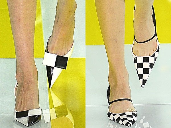 Models strut in checkered pointy toe shoes down the Louis Vuitton Spring/Summer 2013 runway