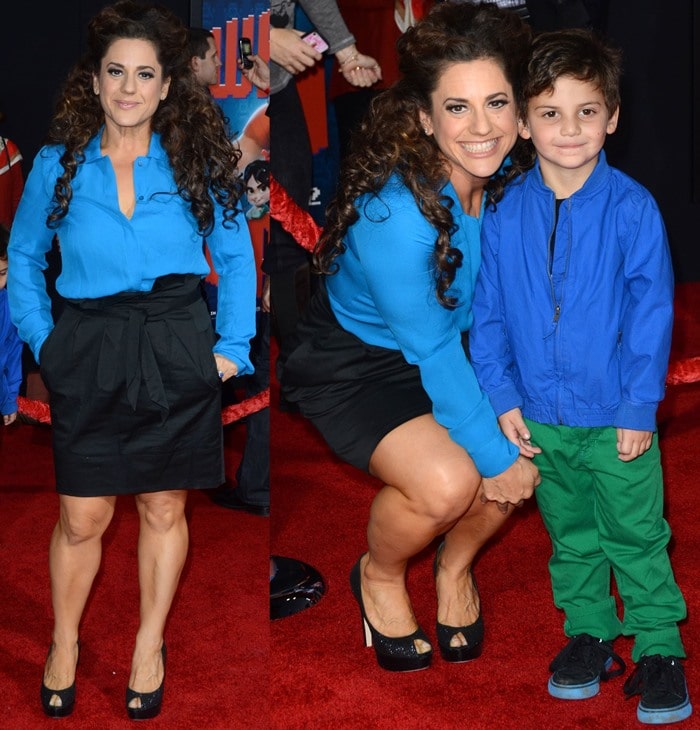 Marissa Jaret Winokur poses on the red carpet with her son Zev Isaac Miller at the premiere of Wreck-It Ralph