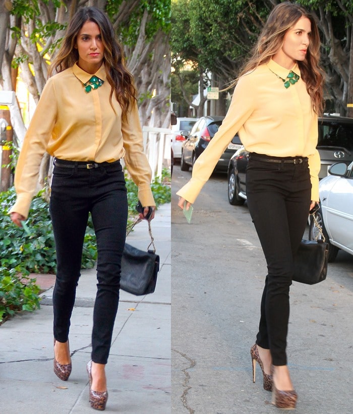 Nikki Reed wears leopard print heels and BaubleBar‘s Emerald Craft Bib necklace while dropping off her car