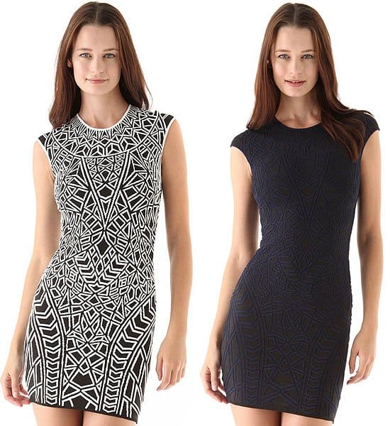 The centerpiece: RVN's geo-textured knit mini dress, featured in both Black/White and Navy/Black variants, priced at $396.00