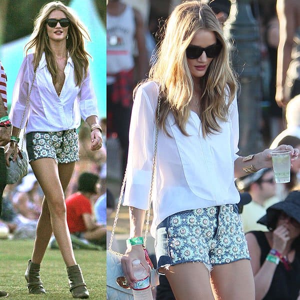 At the Coachella Music Festival on April 20, 2012, Rosie Huntington-Whiteley showcased a perfect festival look, wearing Christopher Kane for J Brand floral denim shorts, paired with a Stylestalker 9 to 5 shirt, and accessorized with a Mulberry Lily shoulder bag, Givenchy chain wedge nappa boots, Westward Leaning Mercury 7 sunglasses, and a Tara Agace gold cuff