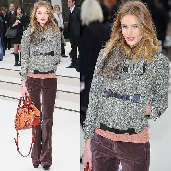 On February 20, 2012, at the Burberry Prorsum Fall 2012 Runway Show, Rosie Huntington-Whiteley showcased a stunning Burberry ensemble, featuring a Pre-Fall 2012 bow sweater, velvet trousers, and leather detailed bag, complemented by a cropped tweed jacket and Fall 2012 booties, all from Burberry Prorsum, and elegantly finished with a Cartier Love bracelet