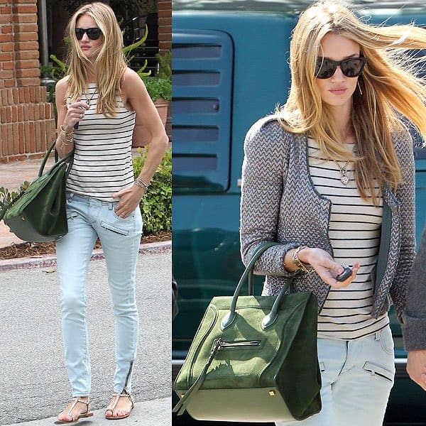 In Malibu on May 12, 2012, Rosie Huntington-Whiteley was seen in a casual yet chic ensemble, wearing Pierre Balmain skinny zip jeans and an Aubin & Wills striped tank, accessorized with a Celine Phantom luggage tote bag, Annina Vogel 9Ct gold naked mixed link bracelet, diamond swallow bracelet, and a Victorian rose cut diamond heart arrow bespoke necklace, complemented by Westward Leaning Mercury 7 sunglasses, a Tara Agace gold cuff, and Giuseppe Zanotti stone suede Tor ring flat sandals