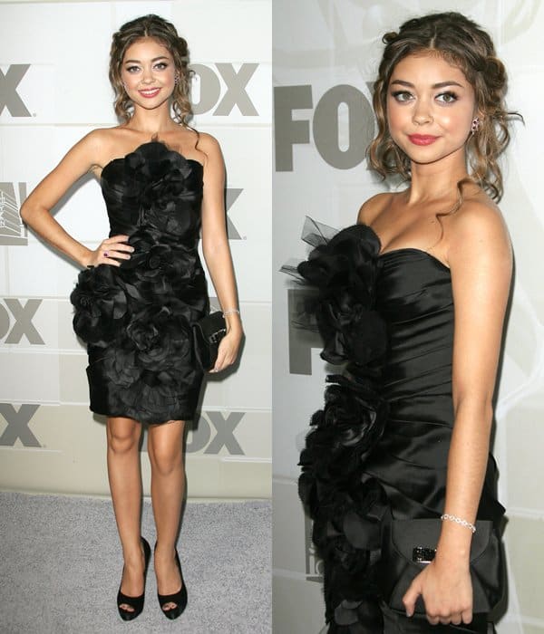 Sarah Hyland in a black strapless cocktail dress at the FOX Broadcasting Company, Twentieth Century FOX Television, and FX post-Emmy party