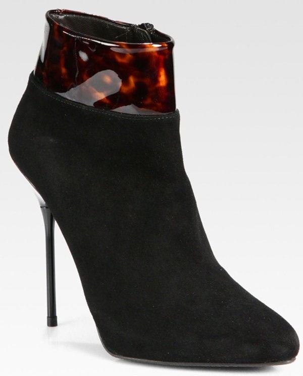 Black Suede Stuart Weitzman Closecall Ankle Booties With Cognac Tortoise Patent Trim on Ankle and Heel