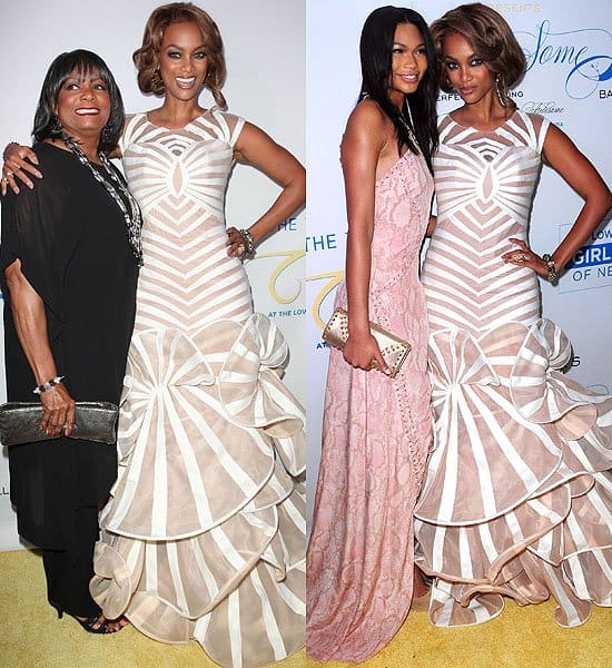 In a moment of fashion brilliance, Tyra Banks, alongside her mother, Caroline, and model Chanel Iman, embodies elegance in her stunning Francis Libiran gown at The Flawsome Ball