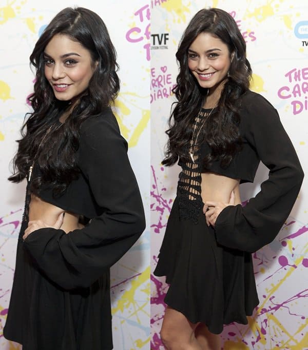 Vanessa Hudgens is wearing a black mini dress by For Love and Lemons featuring an open waist, long sleeves, and cut-out details on the front