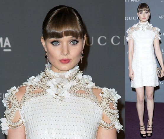 Australian actress Bella Heathcote wears an embroidered floral neckline dress at LACMA 2012 Art + Film Gala