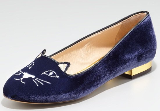 Charlotte Olympia Cat Face Smoking Slipper in Navy