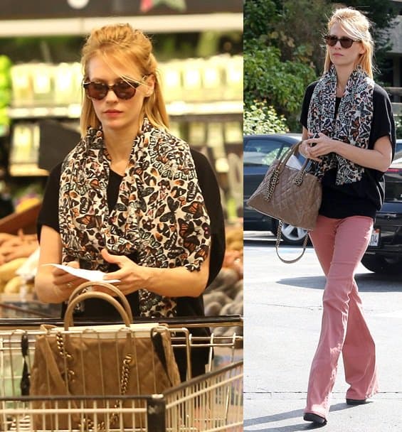 Actress January Jones effortlessly blends fashion with function while grocery shopping at Whole Foods in Pasadena, captured on October 22, 2012