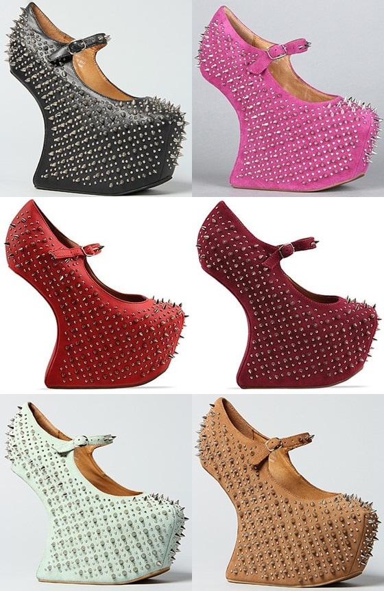 These striking Jeffrey Campbell 'Prickly' platform wedges are available in various bold colors, including black, pink, red, burgundy, mint, and tan, each featuring a unique spiked design and secure ankle strap for a daring, statement-making look