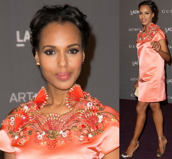 Kerry Washington wears a Gucci chiffon dress with a beaded neckline at LACMA 2012 Art + Film Gala Honoring Ed Ruscha and Stanley Kubrick