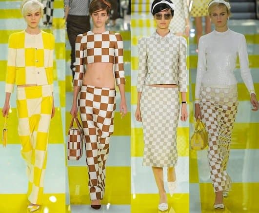 Checkered-printed skirts in black, white, yellow, grey, and brown