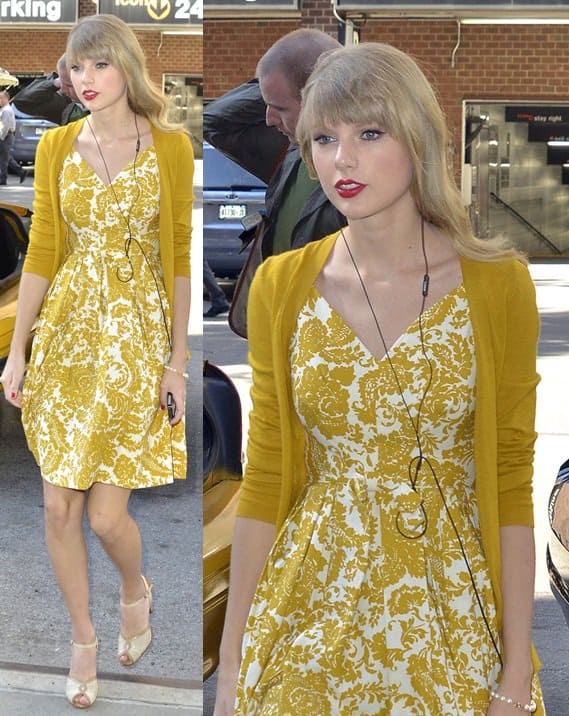 Taylor Swift wears a Pearl Collective freshwater pearl bracelet while returning to her hotel in New York