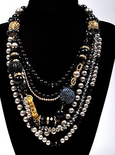 Amber or Onyx Layered Pearls Necklace