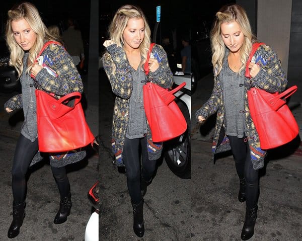 Ashley Tisdale was spotted leaving Nobu on November 1, 2012, in a chic ensemble featuring Kova & T marble leggings, a Free People Mascot cardigan, accessorized with a Givenchy Nightingale Shopper Tote, Free People Lune pendant, Jeffrey Campbell Chelsea stud boots, and Golden Goose Charlye pull-on boots with instep strap