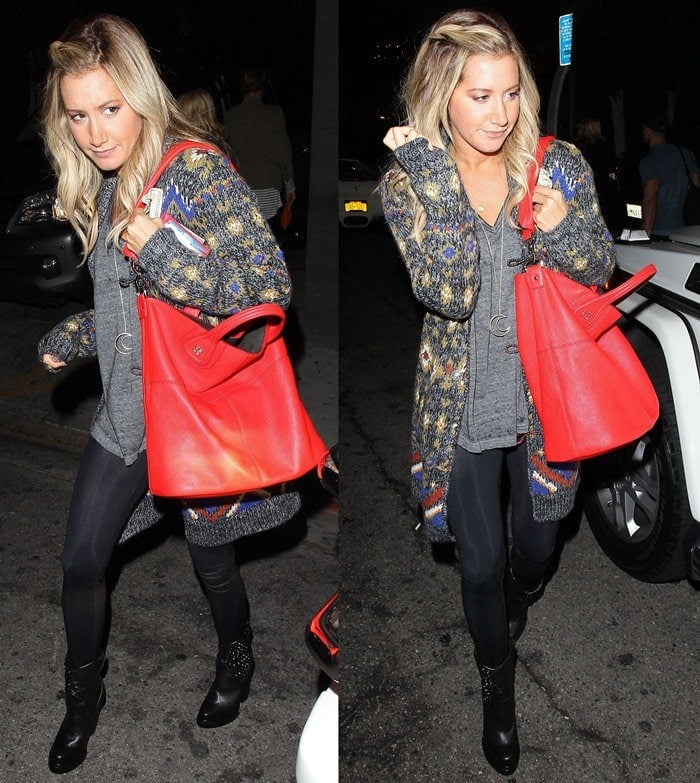 Ashley Tisdale wears studded ankle booties and a bright red Givenchy purse as she leaves a restaurant in Los Angeles