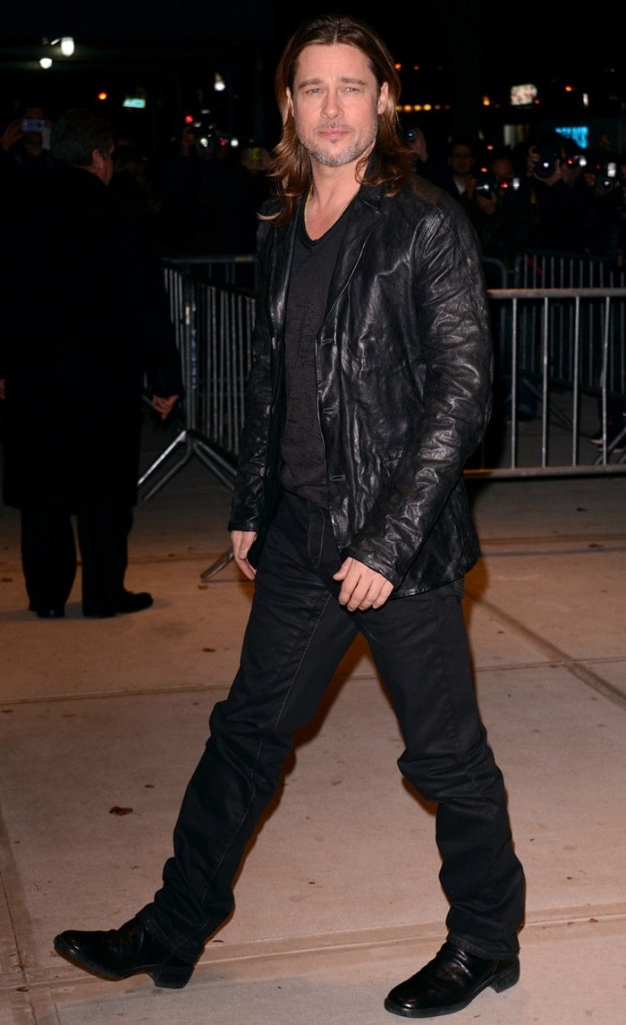Brad Pitt rocks a leather jacket at the New York premiere of 'Killing Them Softly' at the SVA Theatre