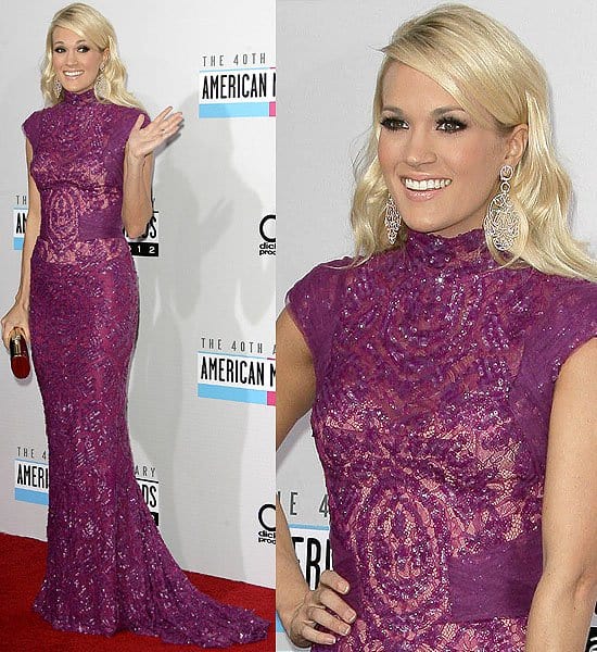 Carrie Underwood in a purple sequin cap-sleeve Abed Mahfouz gown at the 2012 American Music Awards held at Nokia Theatre L.A. Live in Los Angeles on November 18, 2012