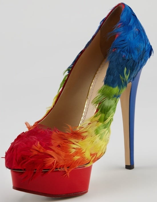 Charlotte Olympia “Dolly” Rainbow-Feathered Pumps