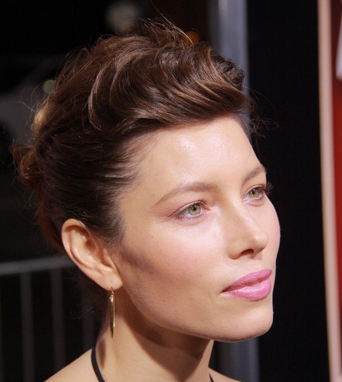 Jessica Biel elegantly displays her Jennifer Meyer earrings, exemplifying classic beauty and style