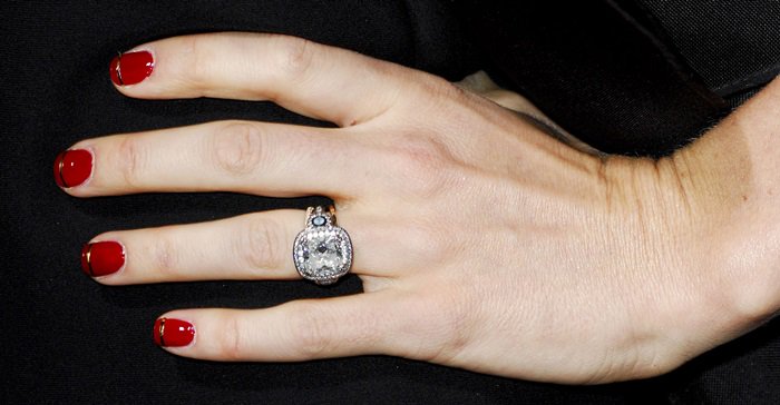 A closer look at Jessica Biel's engagement ring from Brilliance, highlighting the exquisite large center diamond, a testament to timeless elegance and sophistication