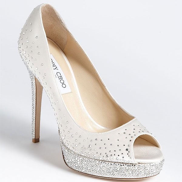 Jimmy Choo "Salt" Crystal Studded Satin Peep-Toe Pumps