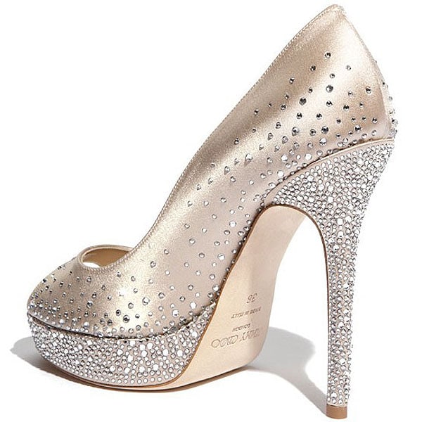 Jimmy Choo "Sugar" Crystal-Studded Satin Peep-Toe Pumps