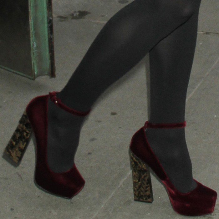 Keira Knightley's wine red Aperlai "Geisha" ankle-strap pumps