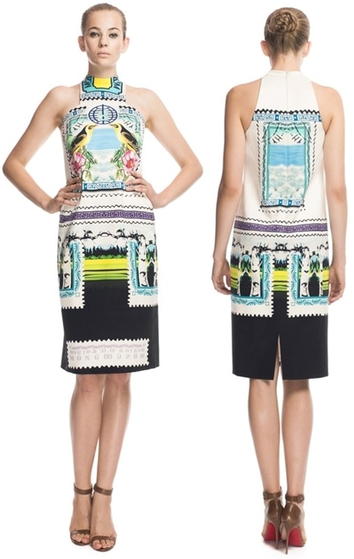 This fitted, halterneck Mary Katrantzou cocktail dress features two slash pockets and a single back center vent