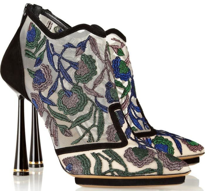 Nicholas Kirkwood Multicolor Belle Epoque Embroidered Mesh and Suede Ankle Boots