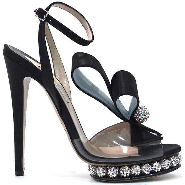 Bow and crystal-embellished black sandals