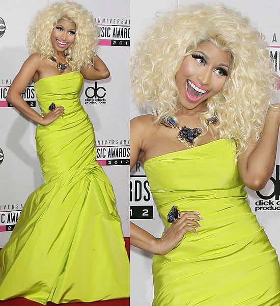Nicki Minaj in a lime-green draped trumpet dress from Monique Lhuillier at the 2012 American Music Awards