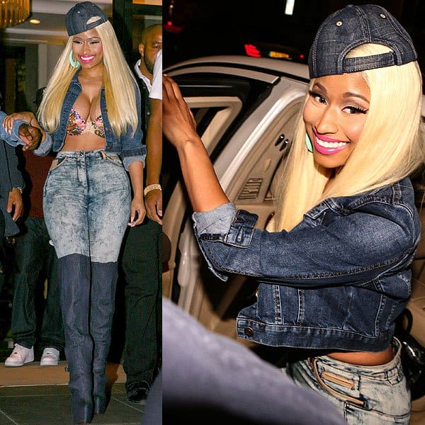 Nicki Minaj tucked her acid wash jeans into knee-high denim Christian Louboutin boots