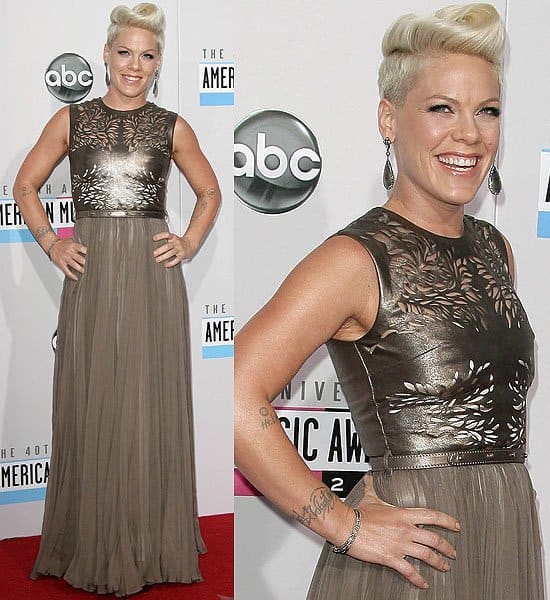 Pink in a bronze Catherine Deane gown at the 2012 American Music Awards