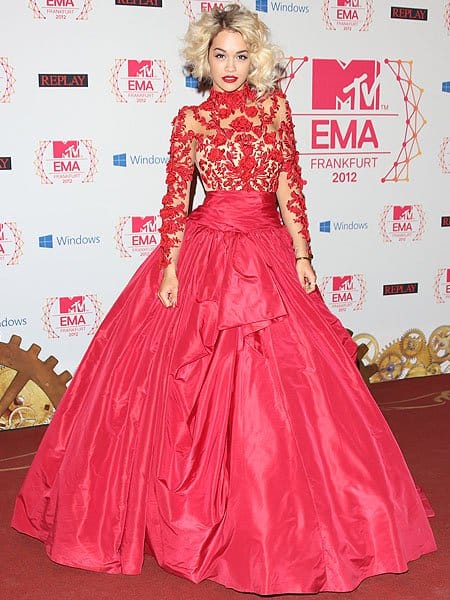Rita Ora shone in a Marchesa AW12 gown in a bold shade of red at the MTV EMA's 2012