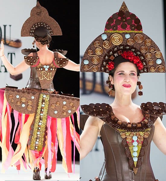 Josephine Drai showcases a visually striking ensemble made of chocolate swirls, squares, and circles, blending artistry with confectionery brilliance