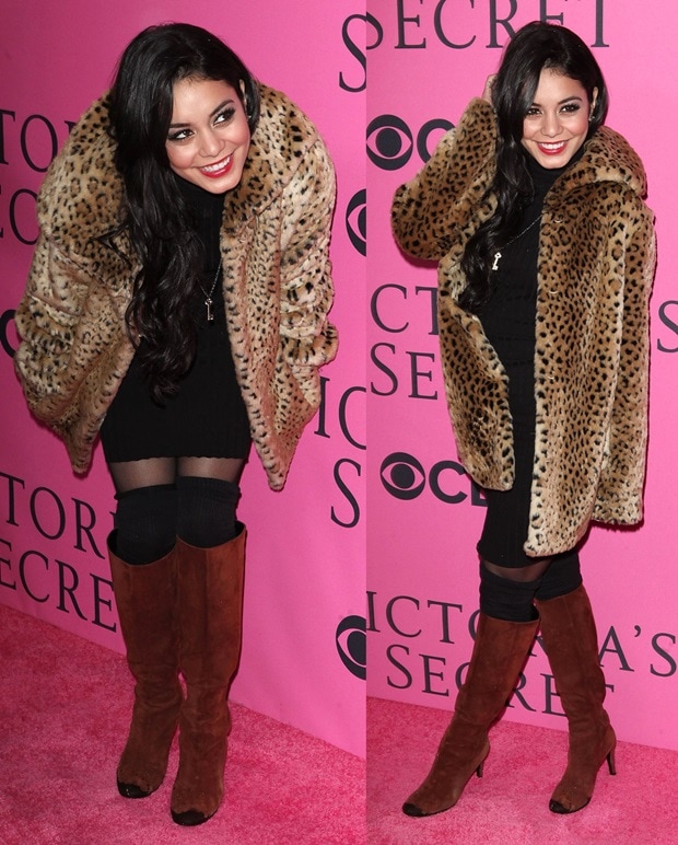 Vanessa Hudgens donned a chic and form-fitting Victoria's Secret cotton sweater dress with an Express faux fur cat in leopard print