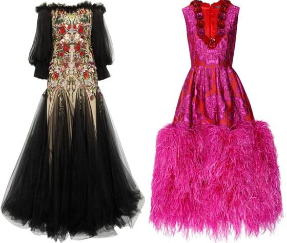 Experience the luxury of Alexander McQueen with these stunning pieces: an embroidered silk tulle off-shoulder gown and a feather-trimmed floral brocade dress, showcasing the brand's exquisite craftsmanship and unique design