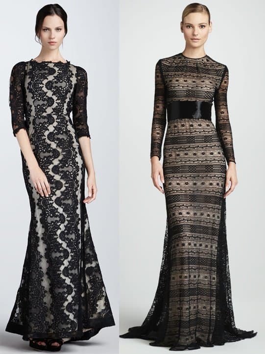Alice + Olivia's Jae lace open-back dress and Naeem Khan's geometric lace gown for those seeking luxury in sheer elegance