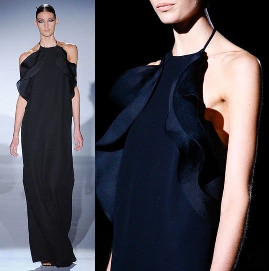 The Gucci Spring 2013 Ruffled Halter Maxi Dress, not yet available for purchase, showcases a daring and unique design that blends sensuality with high fashion, challenging traditional notions of elegance