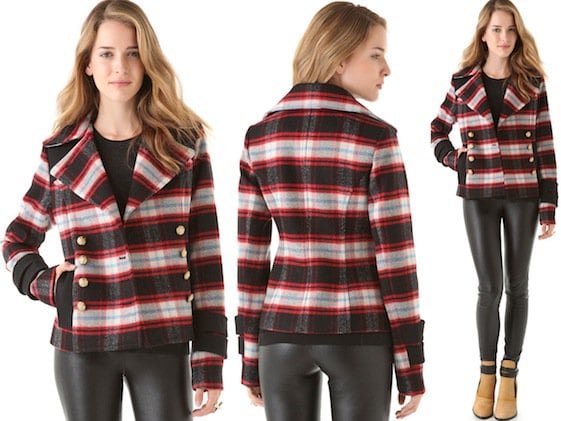 SMYTHE Plaid Pea Coat in Red/Black Plaid