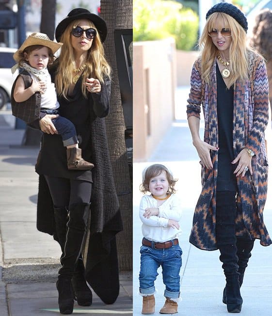 Rachel Zoe and her son Skyler embrace autumn's charm with stylish oversized wraps on October 31 and November 11, 2012